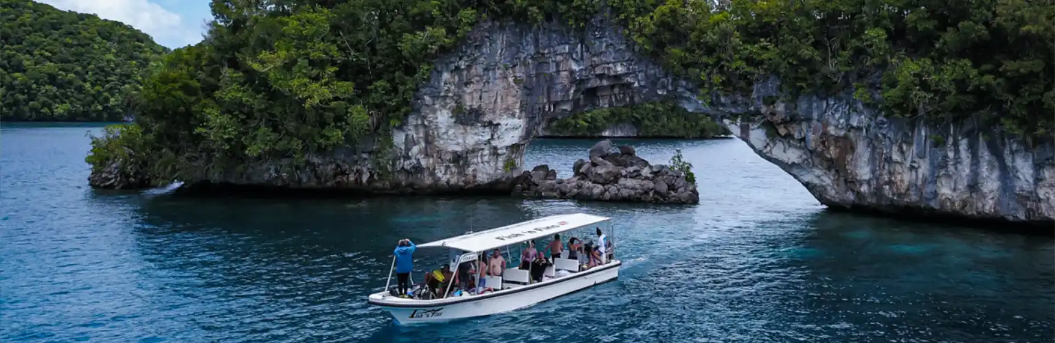 Fish n Fins private boat charter passing the Arch in Palau