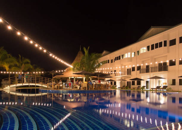 Cove resort Palau pool scene at night with lights at the hotel and around the pool