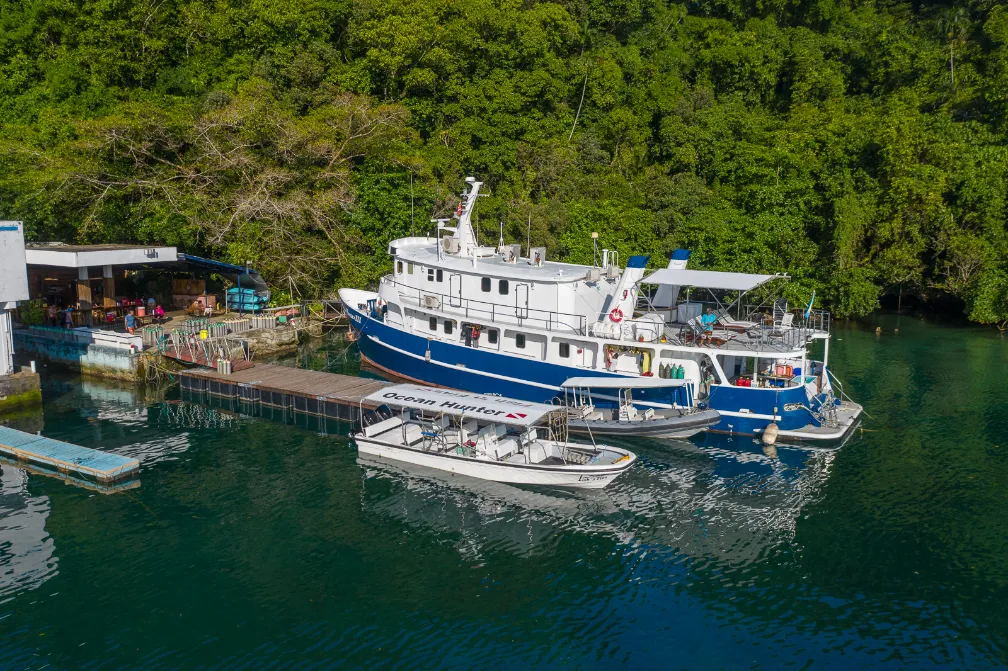 Ocean Hunter liveaboard moored at the Fish 'n Fins docks
